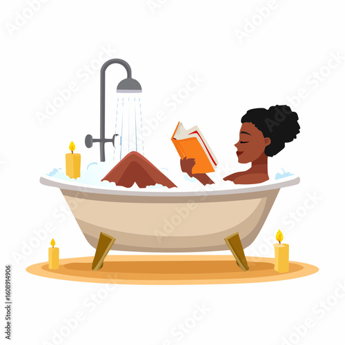 A serene illustration of a woman of color indulging in self-care, reading a book while soaking in a luxurious candlelit bath