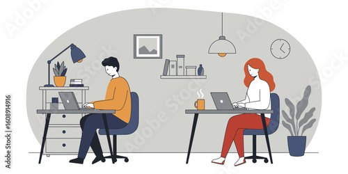 Two people working on laptops at desks in a minimalist office setting computer