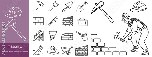 Set of 30 outline icons related to masonry. Linear icon collection. Editable stroke. Vector illustration