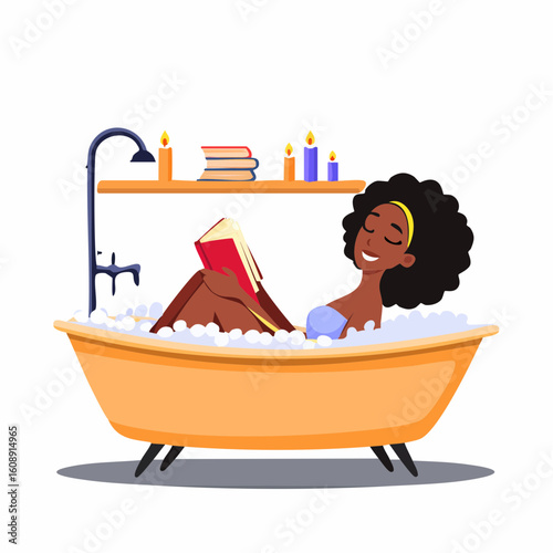 Self-care and wellness concept with a young woman enjoying a relaxing bubble bath while reading a book with candles