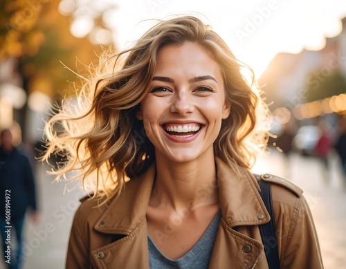 Smiling woman with beautiful teeth enjoying a walk in the city at sunset