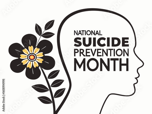 National Suicide Prevention Month illustration with a flower and a head silhouette in black and white