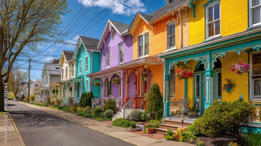 Fototapeta premium Vibrant Row of Colorful Houses on a Charming Street Evoking Joy and Warmth in a Quaint Neighborhood Scene