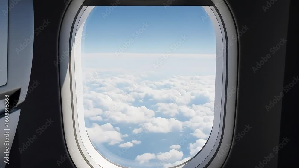 Airplane window view showcasing a bright blue sky above a sea of fluffy white clouds, seen from inside the aircraft.