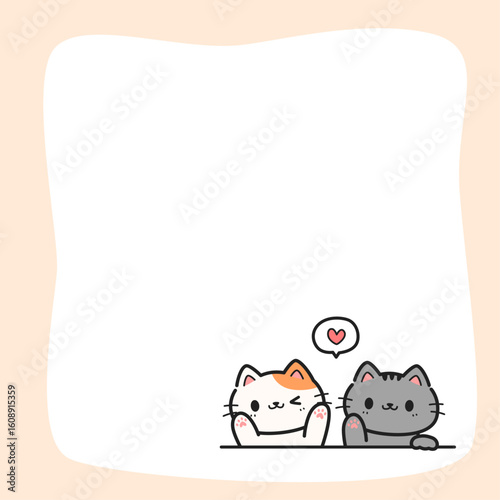 Memo sticky paper note frame decorate with cute cartoon cat couple waving paw, Blank card template with cat