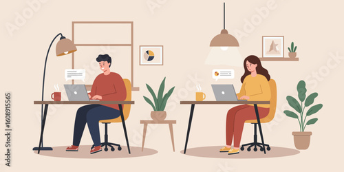 Two people working on laptops at desks with plants and lamps in a room woman