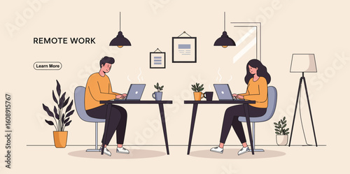 Two people working remotely on laptops at desks with plants and lamps in a minimalist room remote work