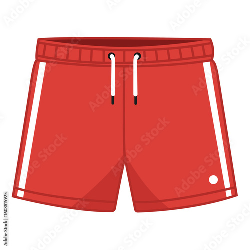 Red swim shorts with white stripes in flat vector style perfect for summer clothing beachwear vacation outfit or poolside fashion illustrations


