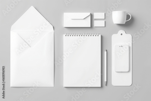 A clean workspace displays an assortment of white office supplies, including an envelope, notepad, pen, business cards, and a coffee cup, all arranged neatly on a gray surface.
