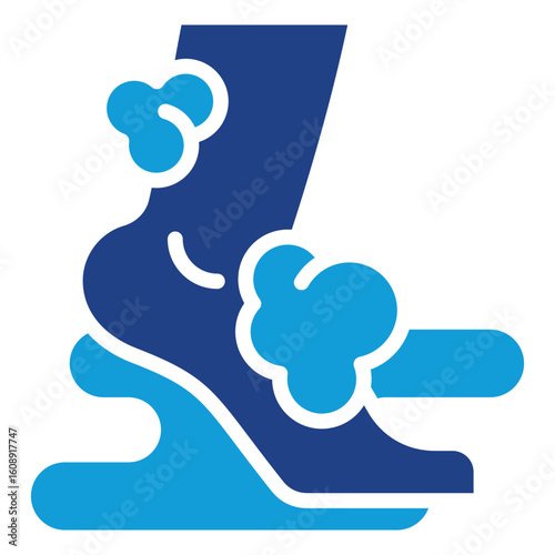 Foot Wash Glyph Blue Silhouette Icon Vector Design - foot being washed with water and soap bubbles, representing personal hygiene