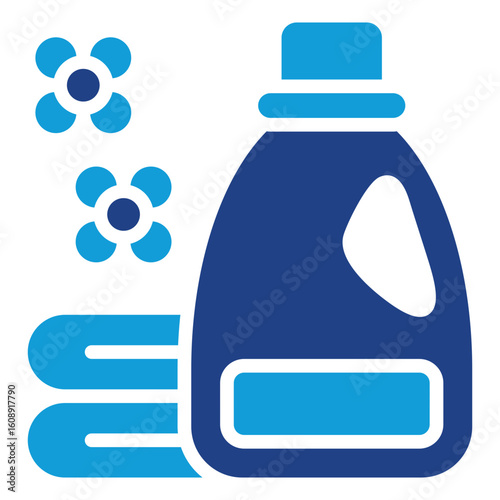 Laundry Detergent Glyph Blue Silhouette Icon Vector Design - Detergent bottle with folded towels and flower scent icons, symbolizing fabric cleaning
