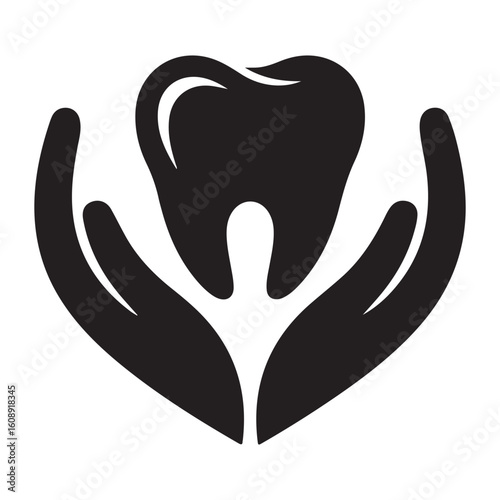 Black and white graphic of a tooth held by two hands in silhouette