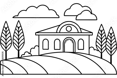  Farmhouse with Fields and Clouds Coloring Page - Printable Rural Scene