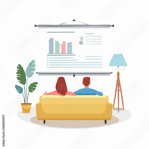 A couple sitting on a couch watching a business presentation with data charts on a projector screen, a concept for teamwork and remote work.