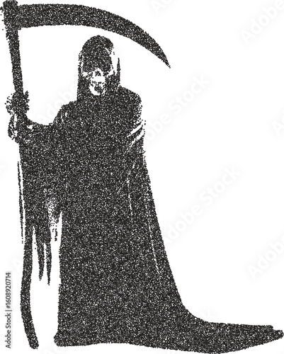 Reaper retro y2k stipple design devil halftone brutalist urban vector png with clear background, grim 2000s photocopy grunge tattoo gen z effect