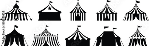 Collection of black and white circus tents with flags, various designs, striped and plain, in silhouette vector 