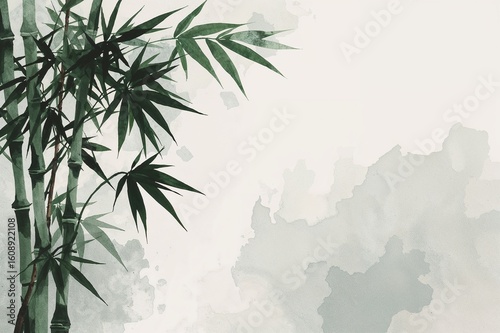 Serene ink wash bamboo and sasa leaves with soft grey-blue background