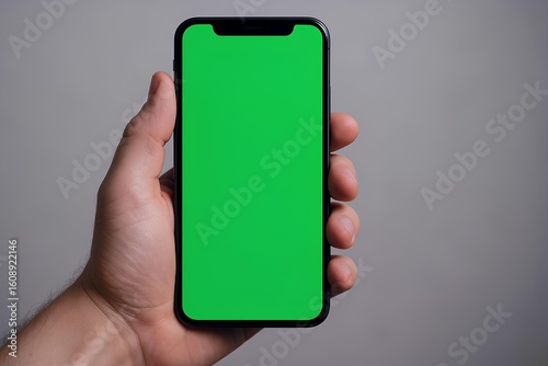 Person holding modern smartphone with vibrant green screen ready for content