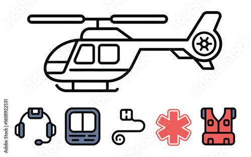 Air Ambulance & Rescue Line Icons: Helicopter, Headset, Stretcher, Star of Life, Life Vest & Emergency Medical Vector Set
