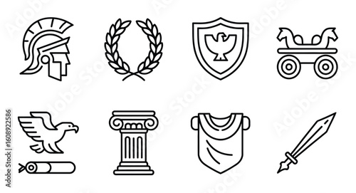 Ancient Rome & Gladiator Line Icons: Helmet, Laurel Wreath, Shield, Chariot, Eagle, Column, Toga & Sword Vector Set