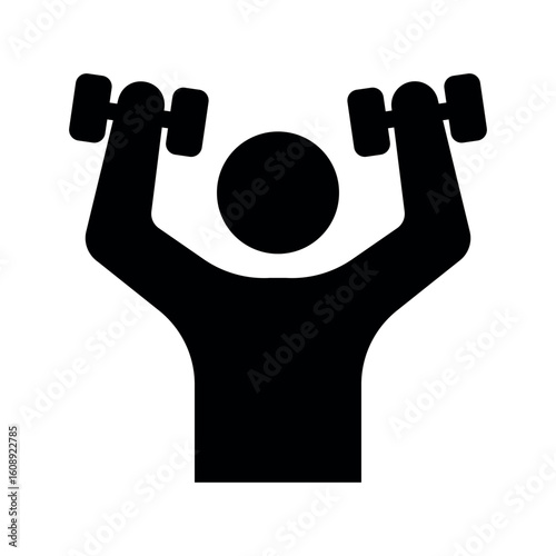 Silhouette icon of a person lifting dumbbells. Ideal for fitness, gym, strength training, bodybuilding, and workout apps, websites, infographics, or promotional materials.