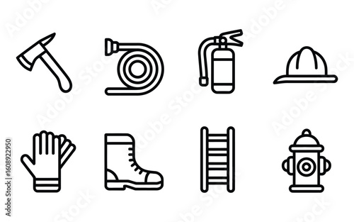 Firefighter Equipment & Safety Line Icons: Axe, Hose, Extinguisher, Helmet, Gloves, Boots, Ladder & Hydrant Vector Set