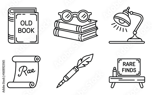 Library & Antiquarian Line Icons: Old Books, Eyeglasses, Desk Lamp, Scroll, Quill Pen & Rare Finds Vector Set