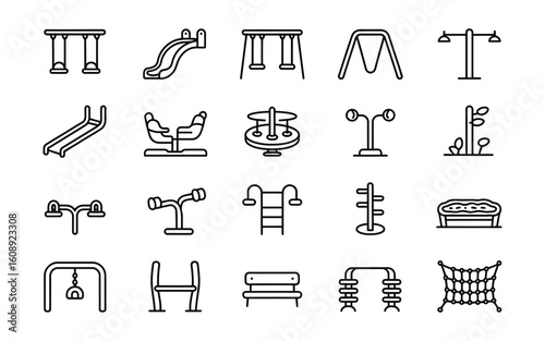 Playground Equipment & Park Fun Line Icons: Swings, Slides, Merry-Go-Round, Seesaw, Bench & Outdoor Play Area Vector Set