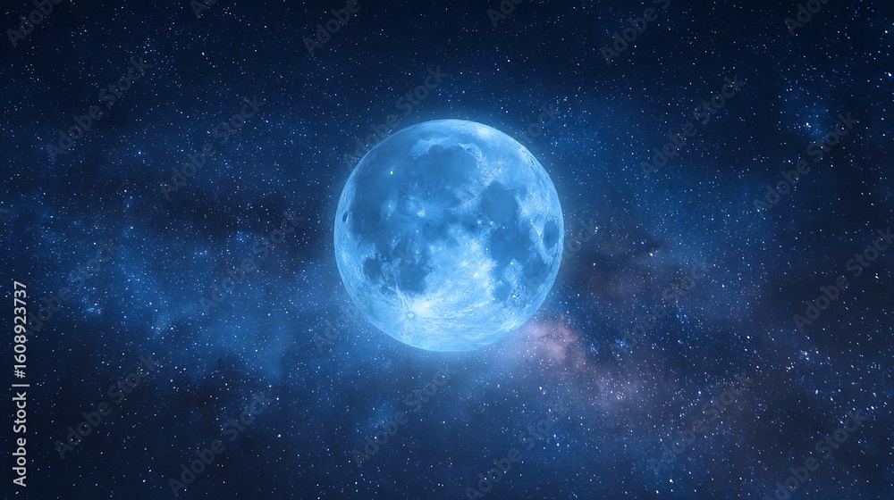 Obraz premium Blue full moon glowing against starry Milky Way galaxy background cosmic night sky serene and dreamy celestial scene
