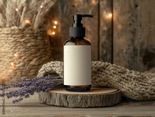 Rustic Aromatherapy Product Presentation with lavender on wooden surface