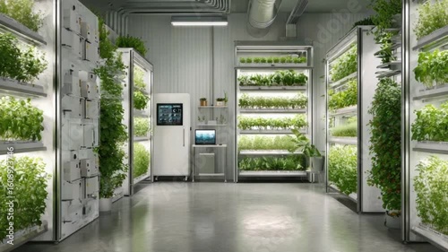 Indoor vertical farm growing lush green plants