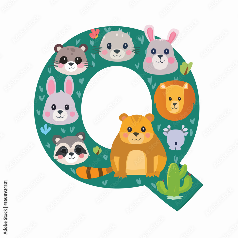 Naklejka premium letter Q with the Animals theme vector illustration in a playful cartoon style.