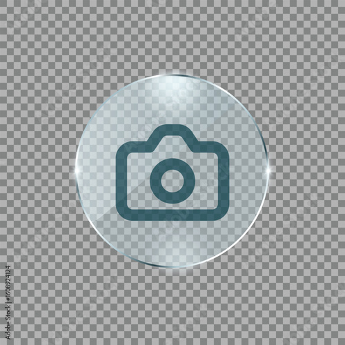 Flat style metallic camera icon on transparent circle button ideal for photography app logo user interface symbol or media upload related design concepts

