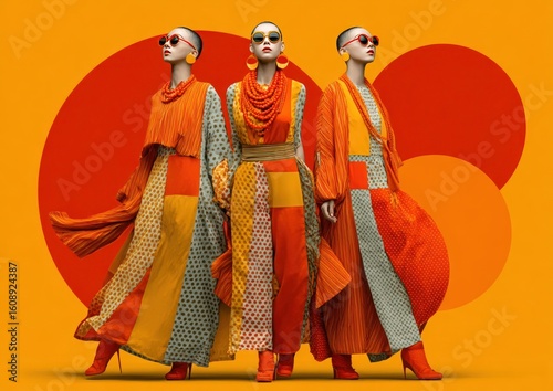 Women's celebration with three women in matching dresses on a bright background