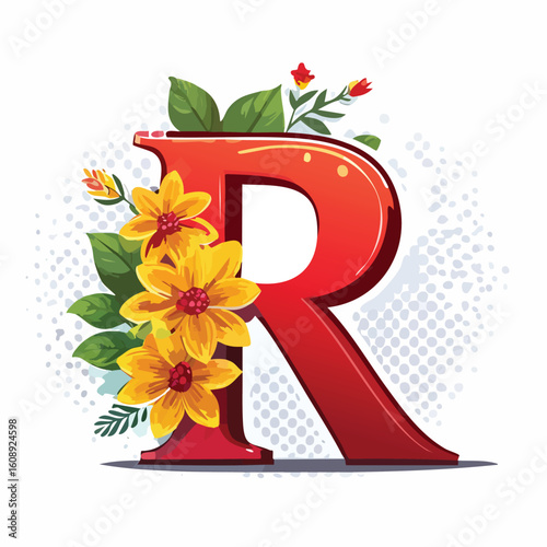 letter R with the Flower theme vector illustration in a playful cartoon style.