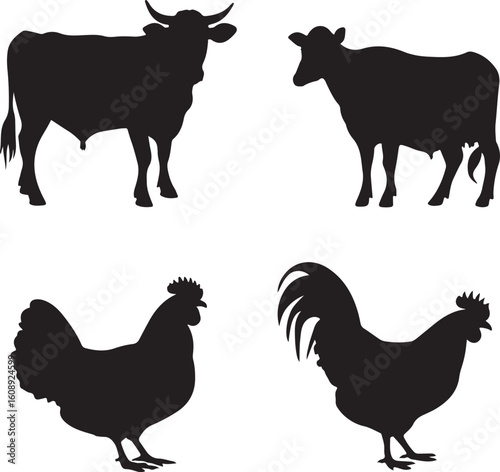 Silhouettes of a bull cow and two roosters on a white background
