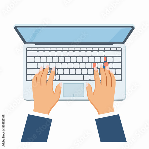 Top view of a person's hands typing on a laptop keyboard. Businessman working in an office on a computer. Vector illustration.