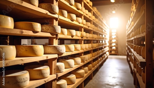 Aged cheese in a wooden warehouse