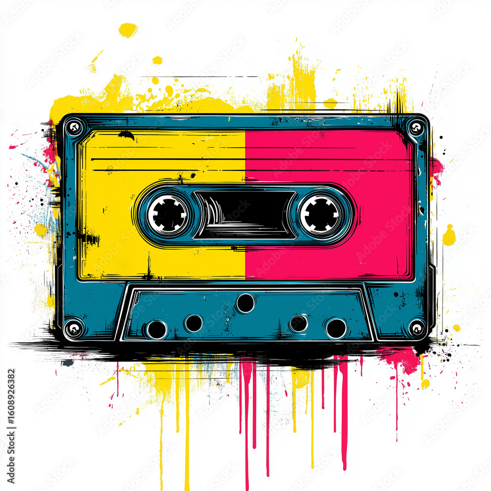 Naklejka premium Retro Cassette Tape with Bold Colors and Visible Reels on White Background in Minimal Style