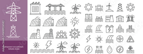 Set of  outline icons to hydro power. hydro power Linear icon collection. Editable stroke. Vector illustration