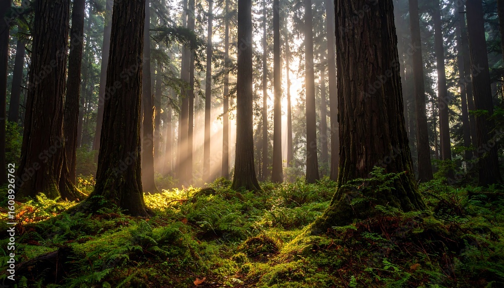 Naklejka premium Golden sunbeams pierce the canopy of a serene, ancient forest, illuminating the lush, moss-covered ground.