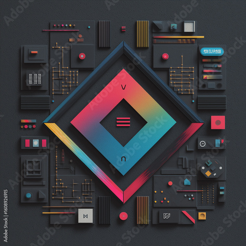 Vibrant neon gradient social media template with geometric lines and futuristic tech patterns, modern bold design