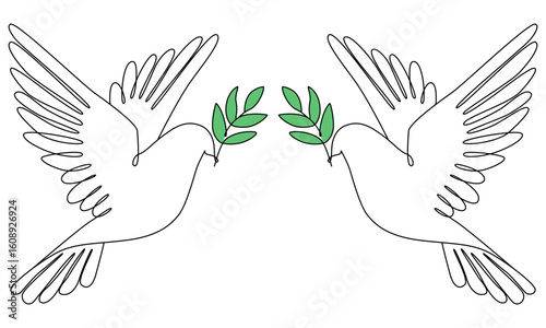 One continuous line drawing of dove of peace flying with olive twig. Bird and branch symbol of peace and freedom. Pigeon icon. Vector illustration eps 10