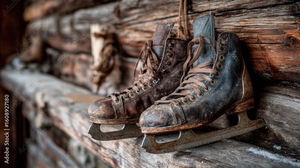 Naklejka premium Pair of Old Worn Shoes Resting on a Ledge Evoking Nostalgia and Stories of Past Journeys and Travels