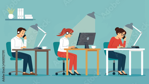 Modern Office Workers: Illustration of three employees working at their desks, perfect for business presentations or website banners.