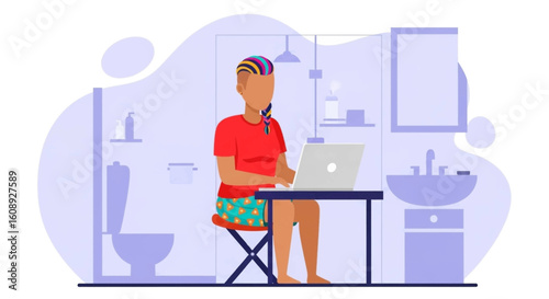 Woman working on laptop in bathroom, illustration for work-life balance articles or remote work blogs.