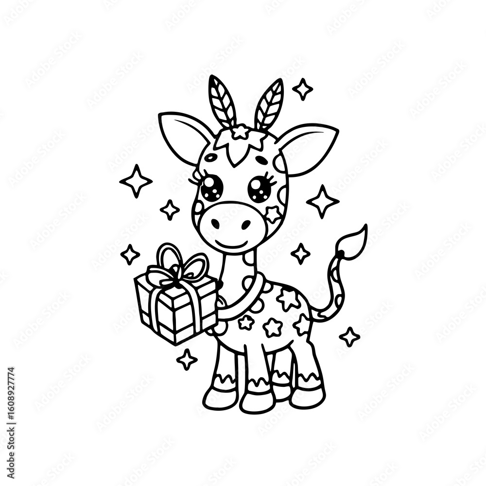 Fototapeta premium A cute cartoon giraffe with feathers on its head holds a gift box, surrounded by sparkling stars.