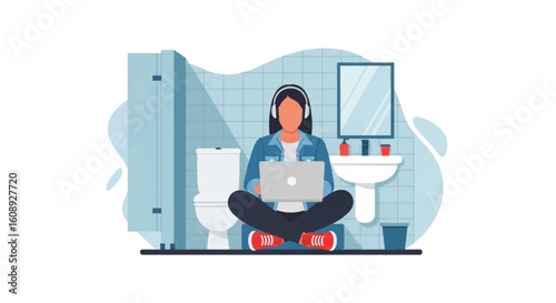 Woman working on laptop in a bathroom - perfect for articles about remote work, work-life balance, or unusual workspaces.