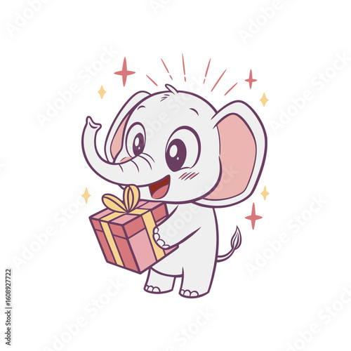 A cute cartoon baby elephant holds a pink gift box with a yellow bow, radiating joy and excitement.