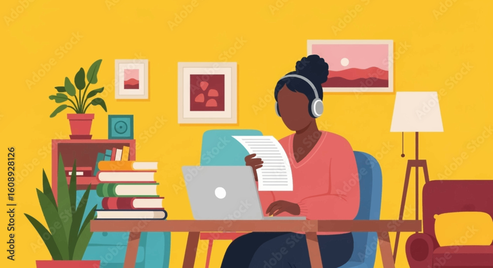 Fototapeta premium Woman working from home at her desk, perfect for illustrating remote work, freelance, or online learning.